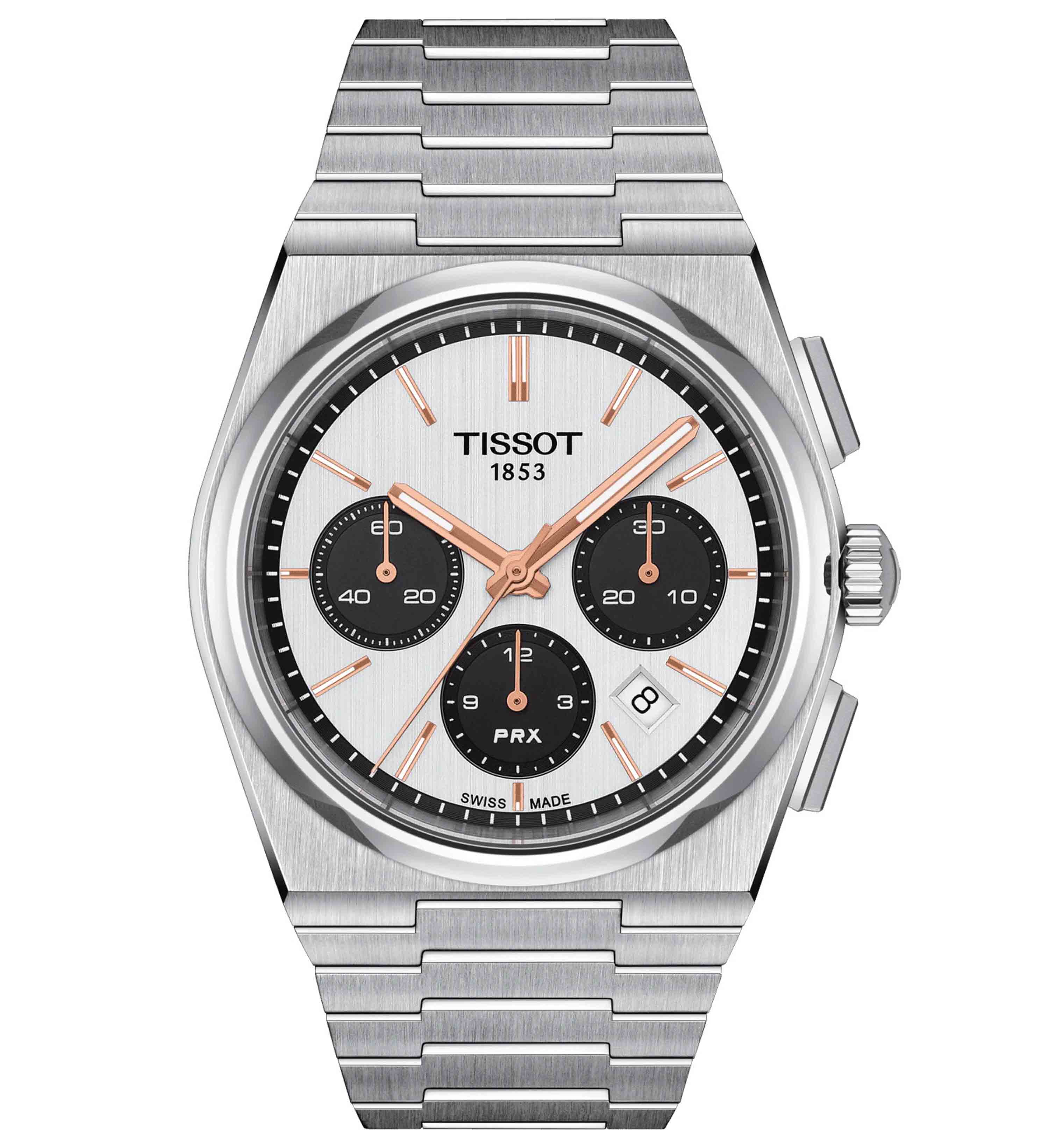 Tissot Tissot PRX Automatic Chronograph T137.427.11.011.00  T1374271101100 механические мужские часы белый циферблат, браслет нержавеющая сталь — вид спереди