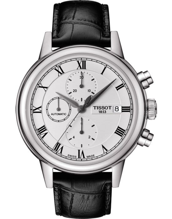 Tissot Tissot Carson Automatic Chronograph T085.427.16.013.00 Carson T0854271601300 механические мужские часы белый циферблат, браслет кожаный — вид спереди