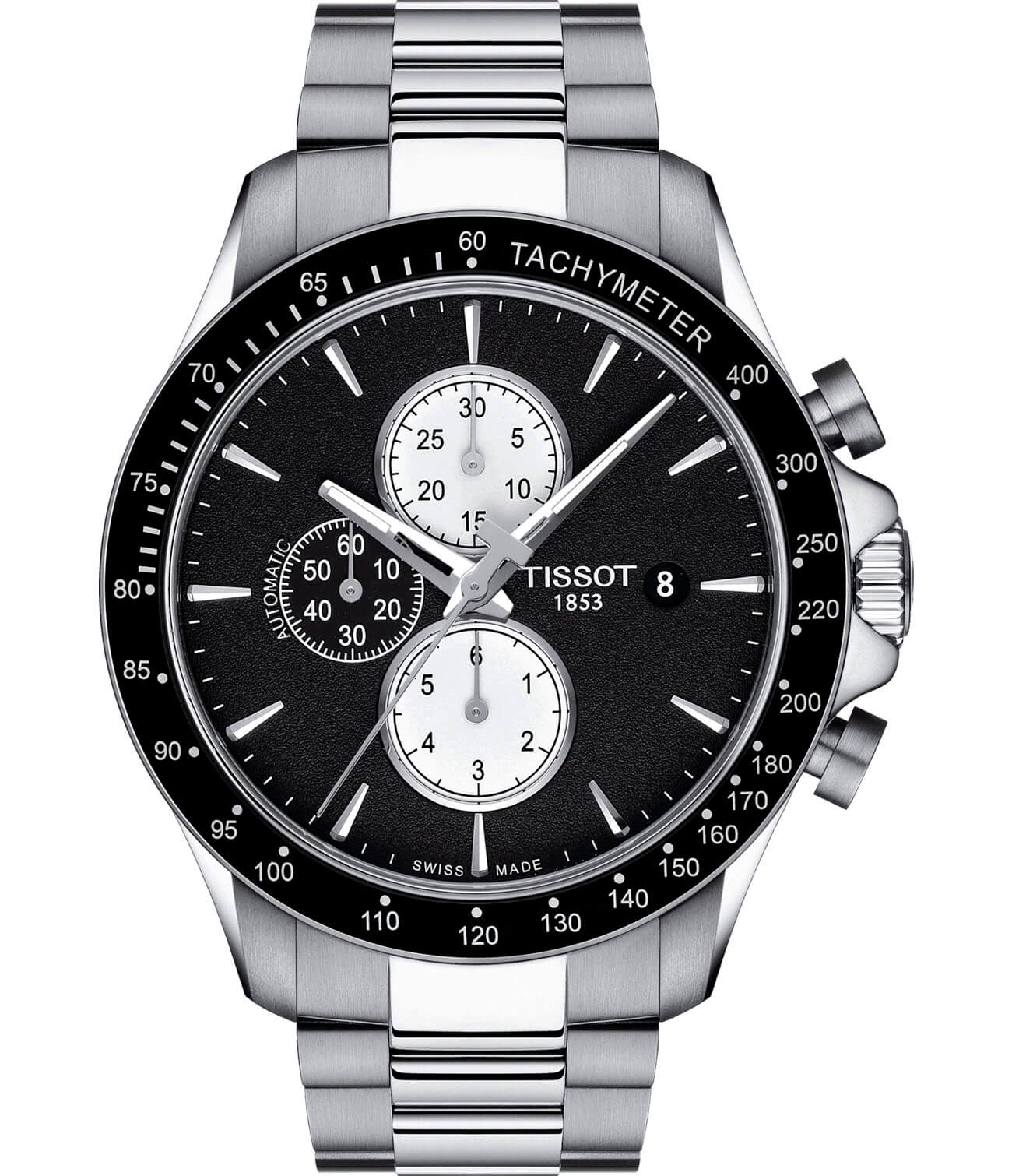 Tissot Tissot V8 Automatic Chronograph T106.427.11.051.00 V8  T1064271105100 механические мужские часы черный циферблат, браслет нержавеющая сталь — вид спереди