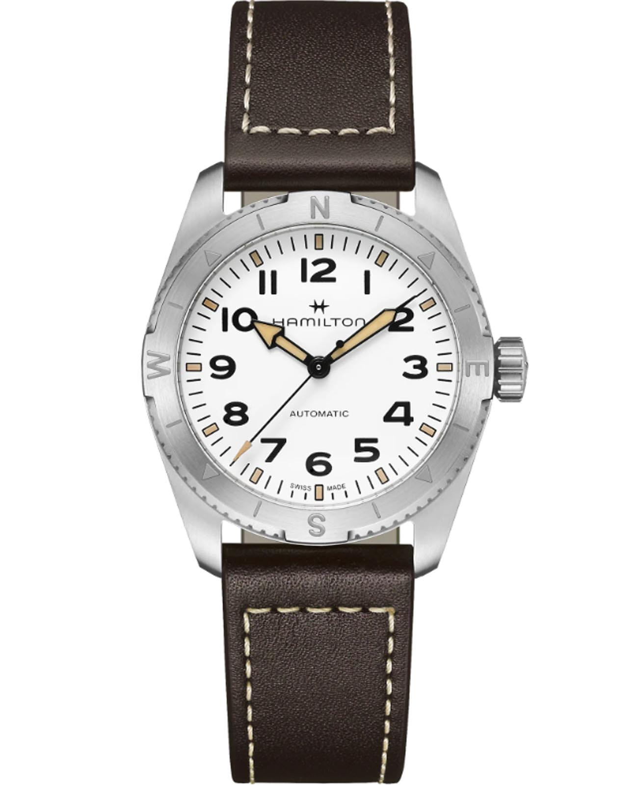 Hamilton Hamilton Khaki Field Expedition Auto H70225510  H70225510 механические мужские часы белый циферблат, браслет кожаный — вид спереди