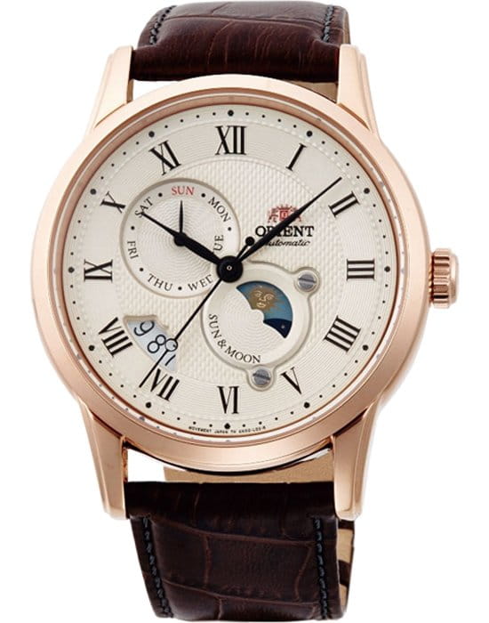 Orient Orient AK00001Y (FAK00001Y)  AK00001Y механические мужские часы белый циферблат, браслет кожаный — вид спереди