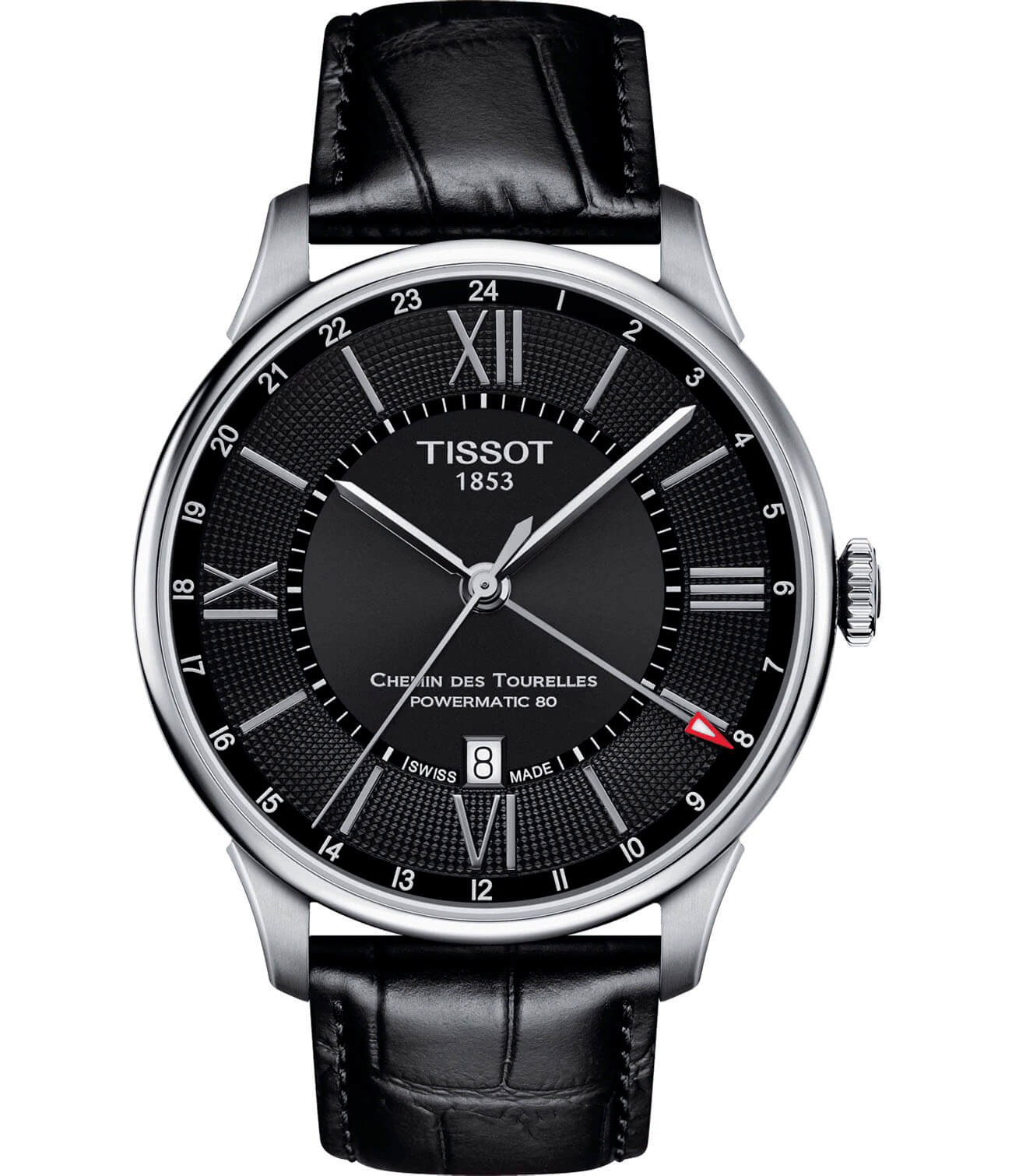 Tissot Tissot Chemin des Tourelles GMT T099.429.16.058.00 Chemin des Tourelles T0994291605800 механические мужские часы серебристый циферблат, браслет кожаный — вид спереди