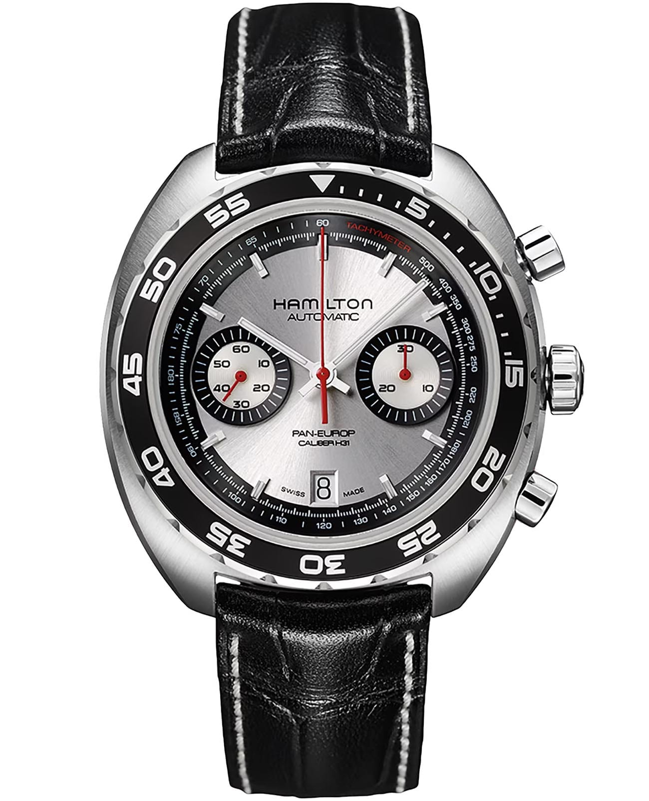 Hamilton Hamilton American Classic Pan Europ Auto Chrono H35756755  H35756755 механические мужские часы серебристый циферблат, браслет кожаный — вид спереди