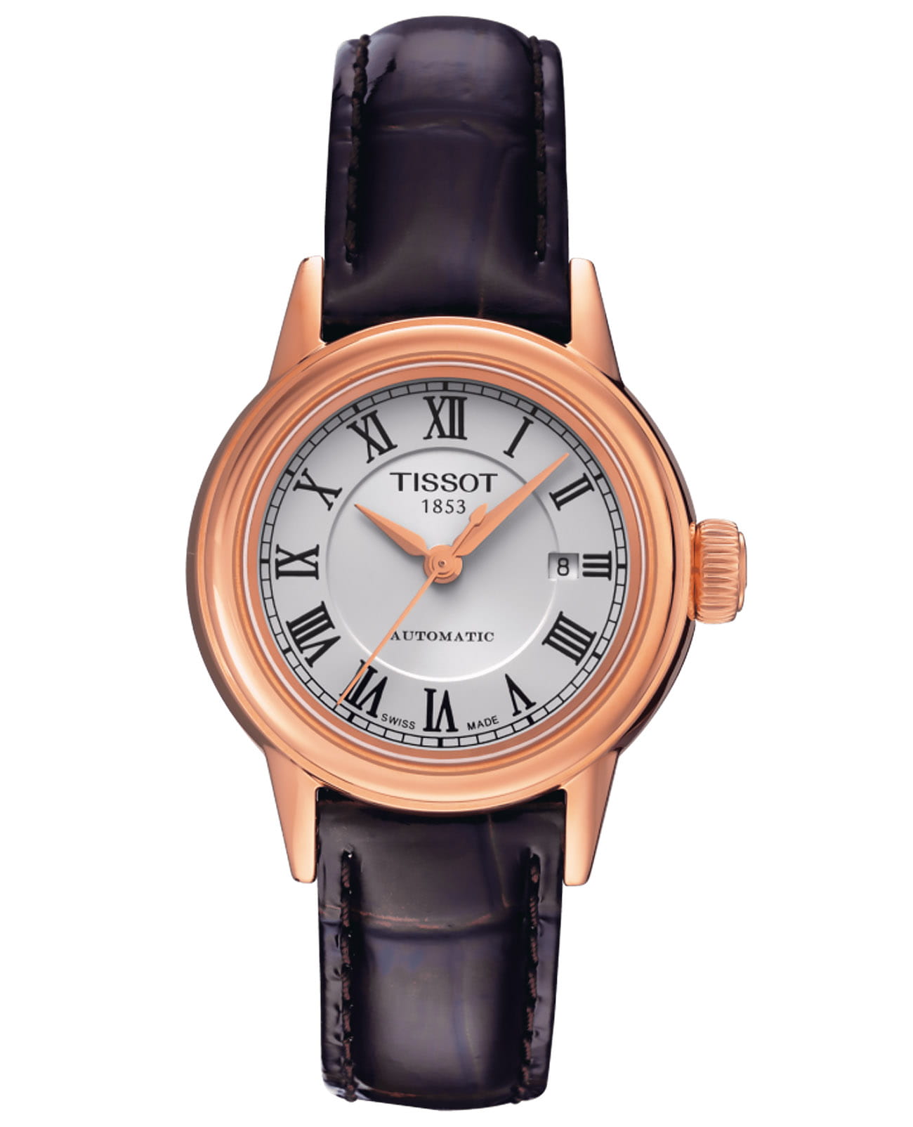 Tissot Tissot Carson Automatic Lady T085.207.36.013.00 Carson T0852073601300 механические женские часы белый циферблат, браслет кожаный — вид спереди