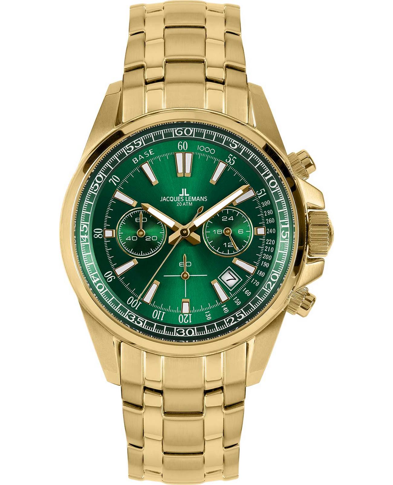 Jacques Lemans Jacques Lemans Sport 1-2117P  1-2117P кварцевые мужские часы зеленый циферблат, браслет нержавеющая сталь — вид спереди