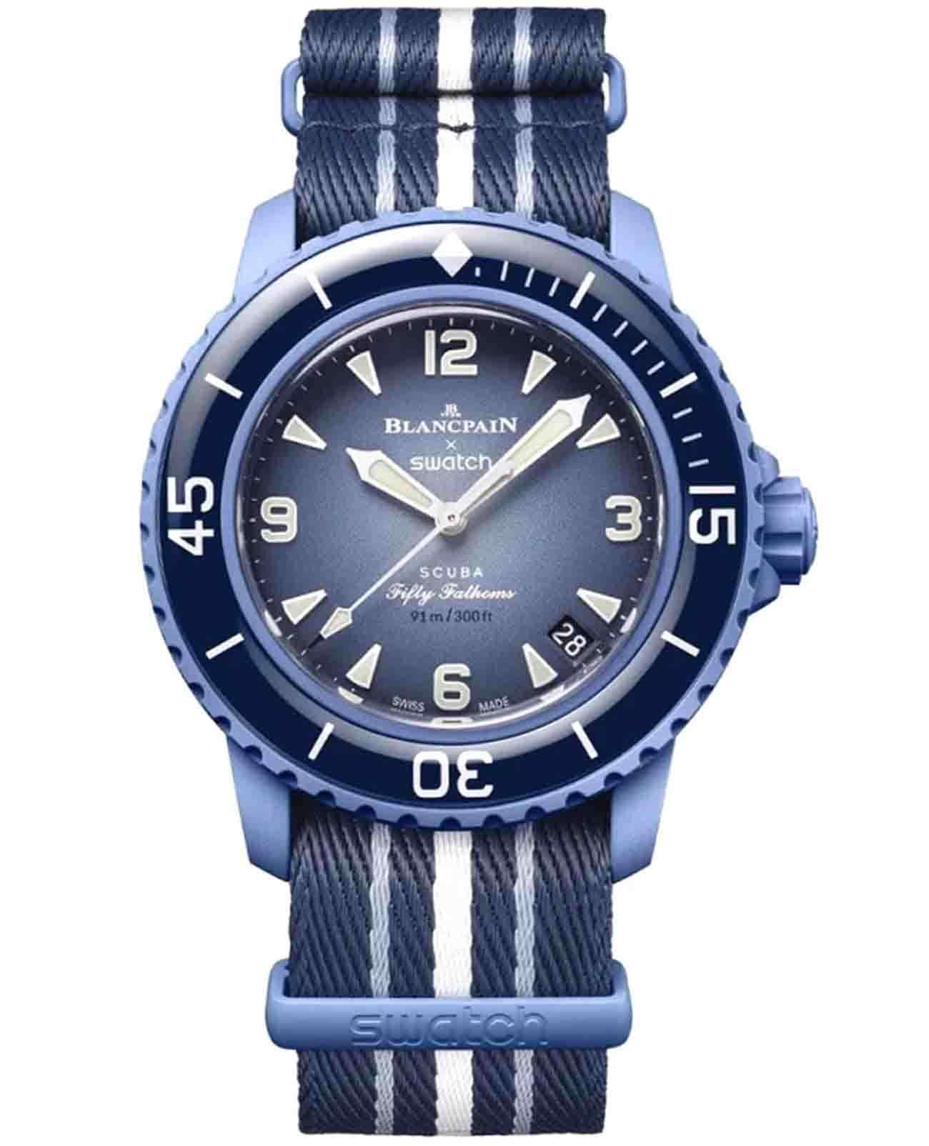 Swatch Swatch x Blancpain Atlantic ocean SO35A100  SO35A100 механические мужские часы синий циферблат, браслет нейлон — вид спереди