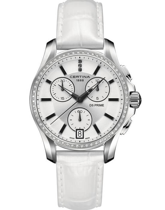 Certina Certina DS Prime Chrono C004.217.66.036.00  C0042176603600 кварцевые женские часы серебристый циферблат, браслет кожаный — вид спереди