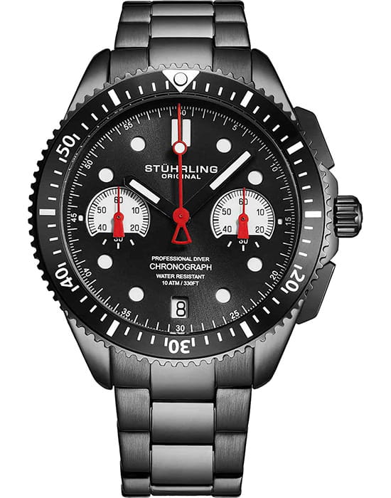 Stuhrling Stuhrling Aquadiver 4016.4  4016.4 кварцевые мужские часы черный циферблат, браслет нержавеющая сталь с pvd-покрытием — вид спереди