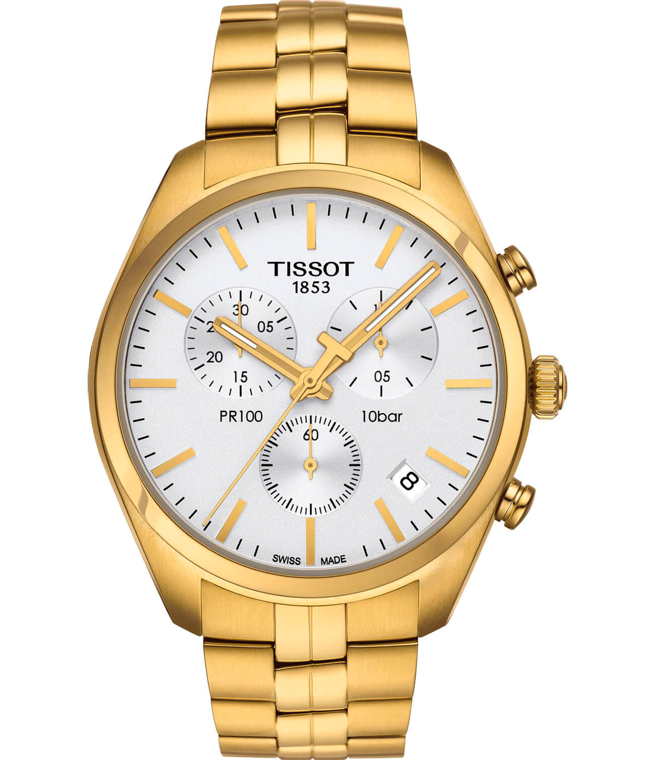 Tissot Tissot PR 100 Сhronograph T101.417.33.031.00 PR 100 T1014173303100 кварцевые мужские часы белый циферблат, браслет сталь c pvd покрытием — вид спереди