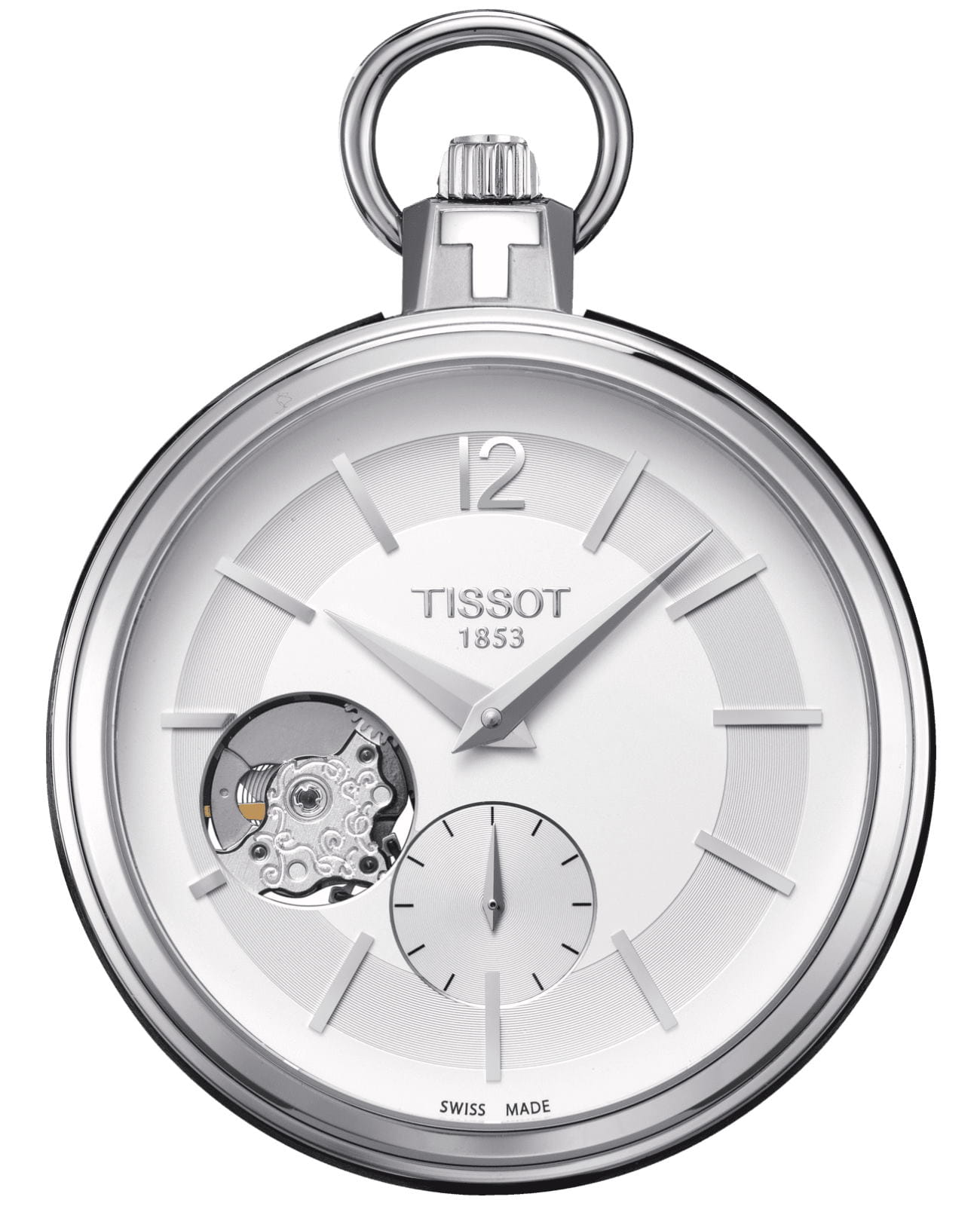 Tissot Tissot Pocket Mechanical Skeleton T854.405.19.037.01  T8544051903701 механические мужские часы белый циферблат, браслет нержавеющая сталь — вид спереди