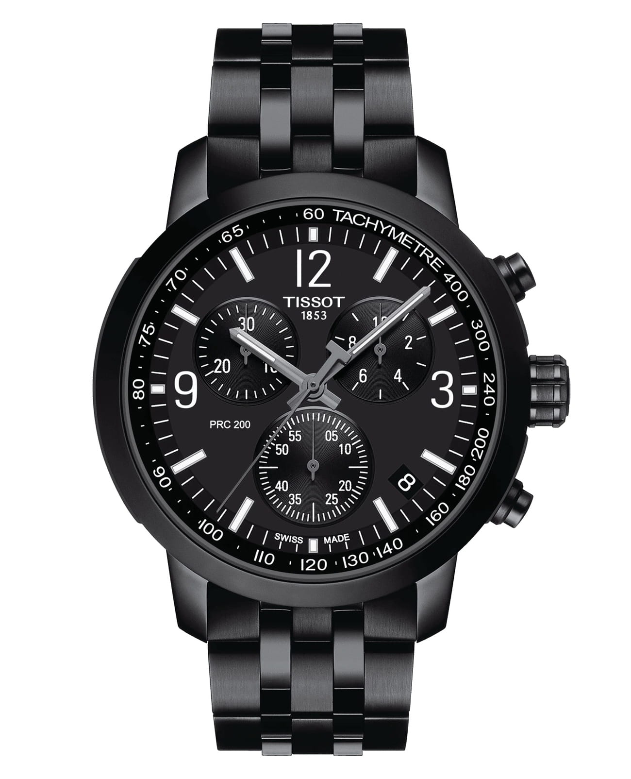Tissot Tissot PRC 200 Chronograph T114.417.33.057.00 PRC 200 T1144173305700 кварцевые мужские часы черный циферблат, браслет сталь c pvd покрытием — вид спереди