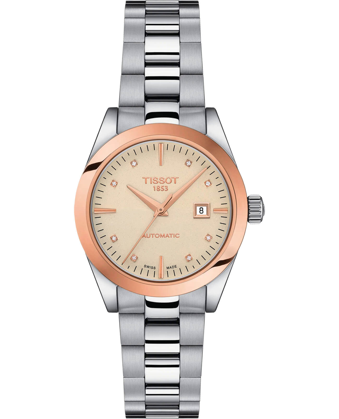 Tissot Tissot T-My Lady Automatic 18K Gold T930.007.41.266.00 T My Lady T9300074126600 механические женские часы  циферблат, браслет нержавеющая сталь — вид спереди