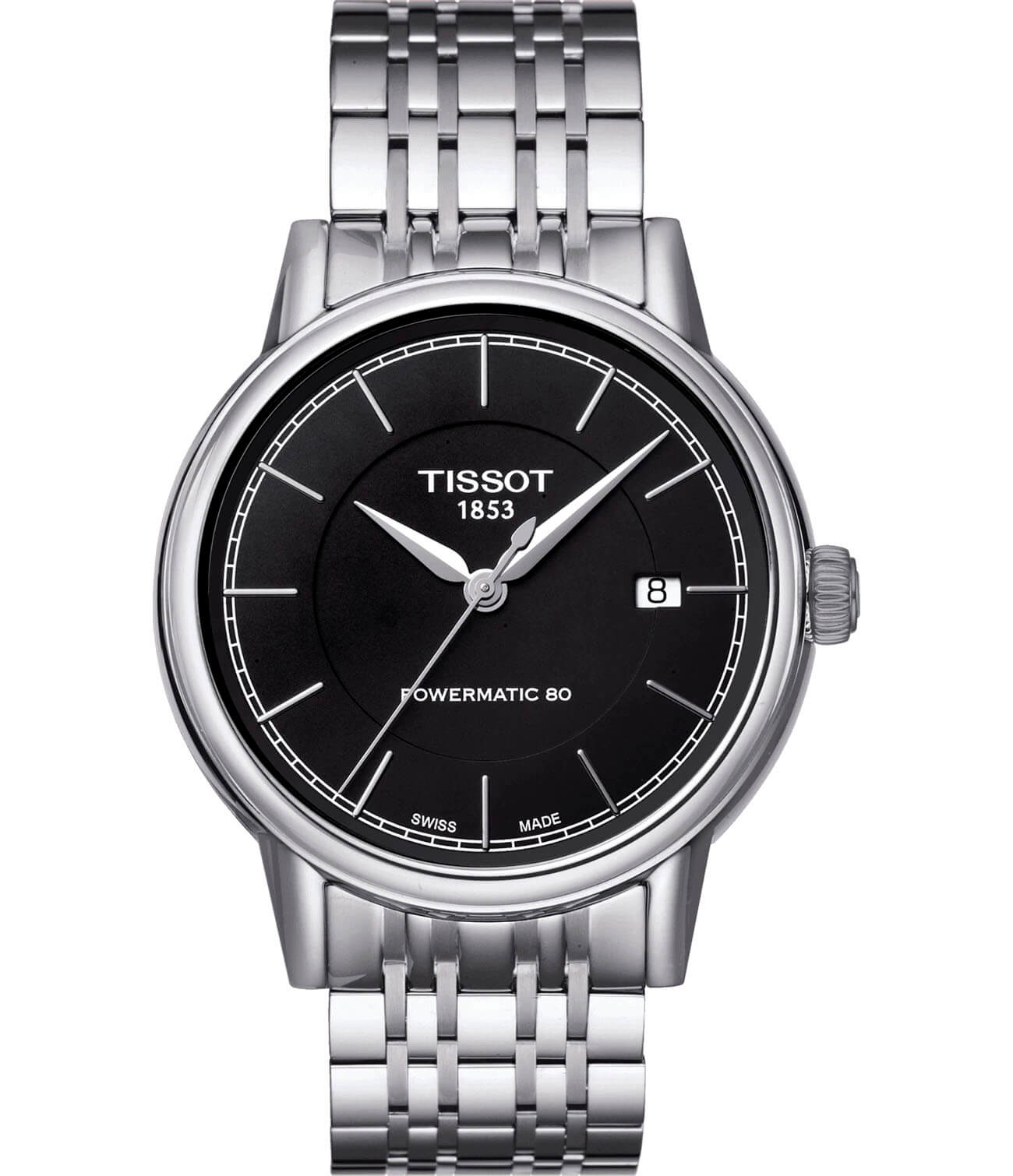 Tissot Tissot Carson Powermatic 80 T085.407.11.051.00 Carson T0854071105100 механические мужские часы черный циферблат, браслет нержавеющая сталь — вид спереди