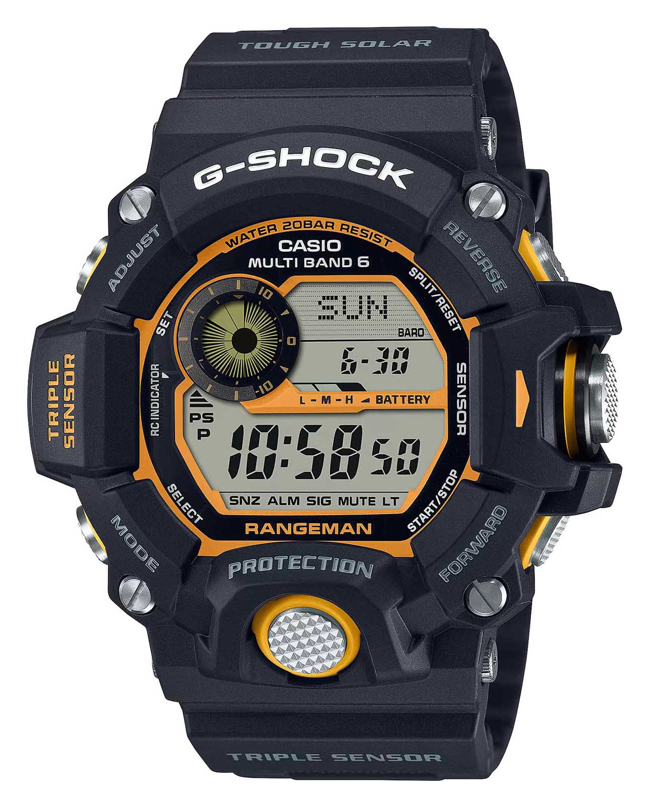Casio Casio G-Shock GW-9400Y-1DR (GW-9400Y-1) Rangeman GW-9400Y-1DR электронные мужские часы серый циферблат, браслет пластик — вид спереди