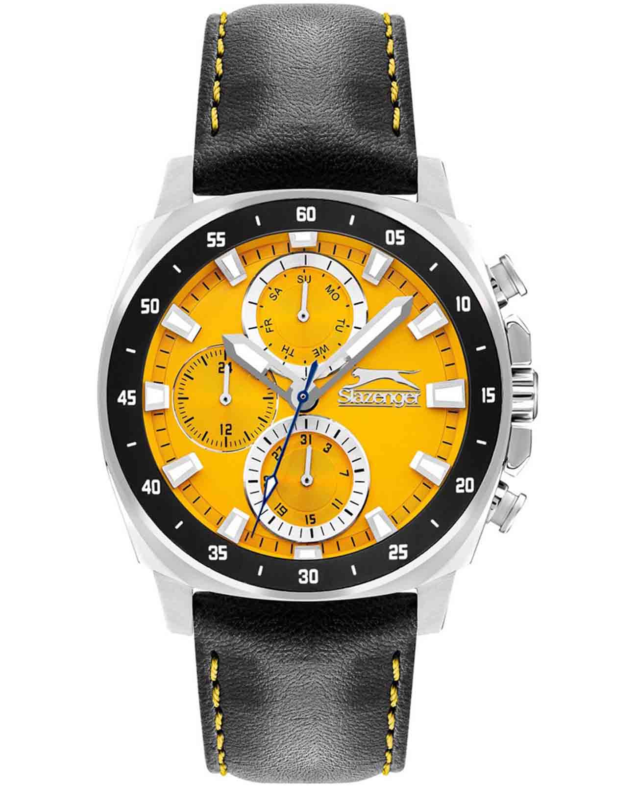 Slazenger Slazenger SL.09.2293.2.05  SL.09.2293.2.05 кварцевые мужские часы желтый циферблат, браслет кожаный — вид спереди