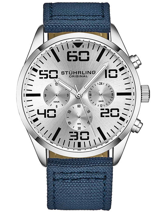 Stuhrling Stuhrling Aviator 4001.3  4001.3 кварцевые мужские часы серебристый циферблат, браслет тканевый — вид спереди