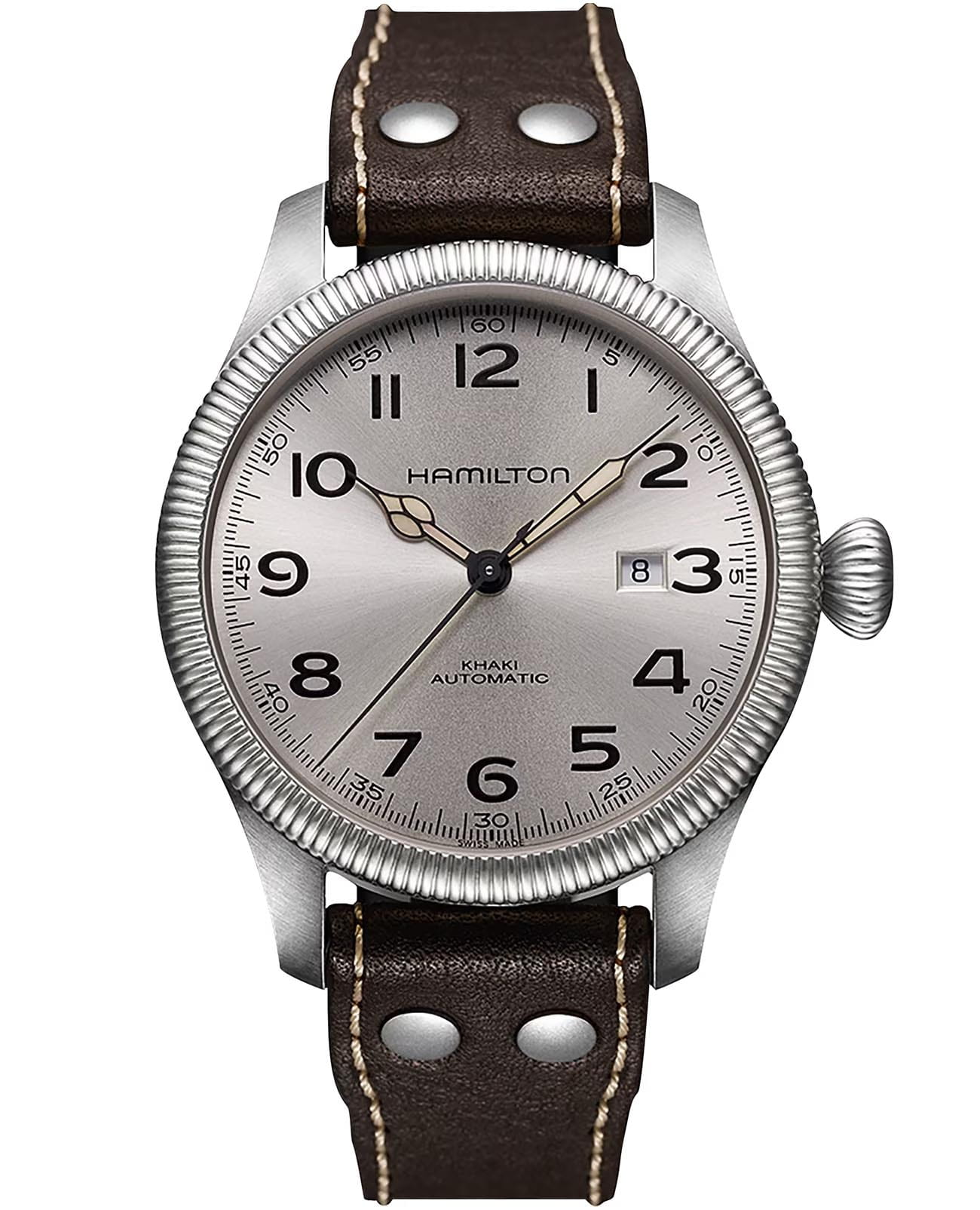 Hamilton Hamilton Khaki Field Pioneer Auto H60515593  H60515593 механические мужские часы серебристый циферблат, браслет кожаный — вид спереди