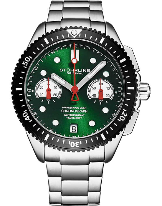 Stuhrling Stuhrling Aquadiver 4016.3  4016.3 кварцевые мужские часы зеленый циферблат, браслет нержавеющая сталь — вид спереди