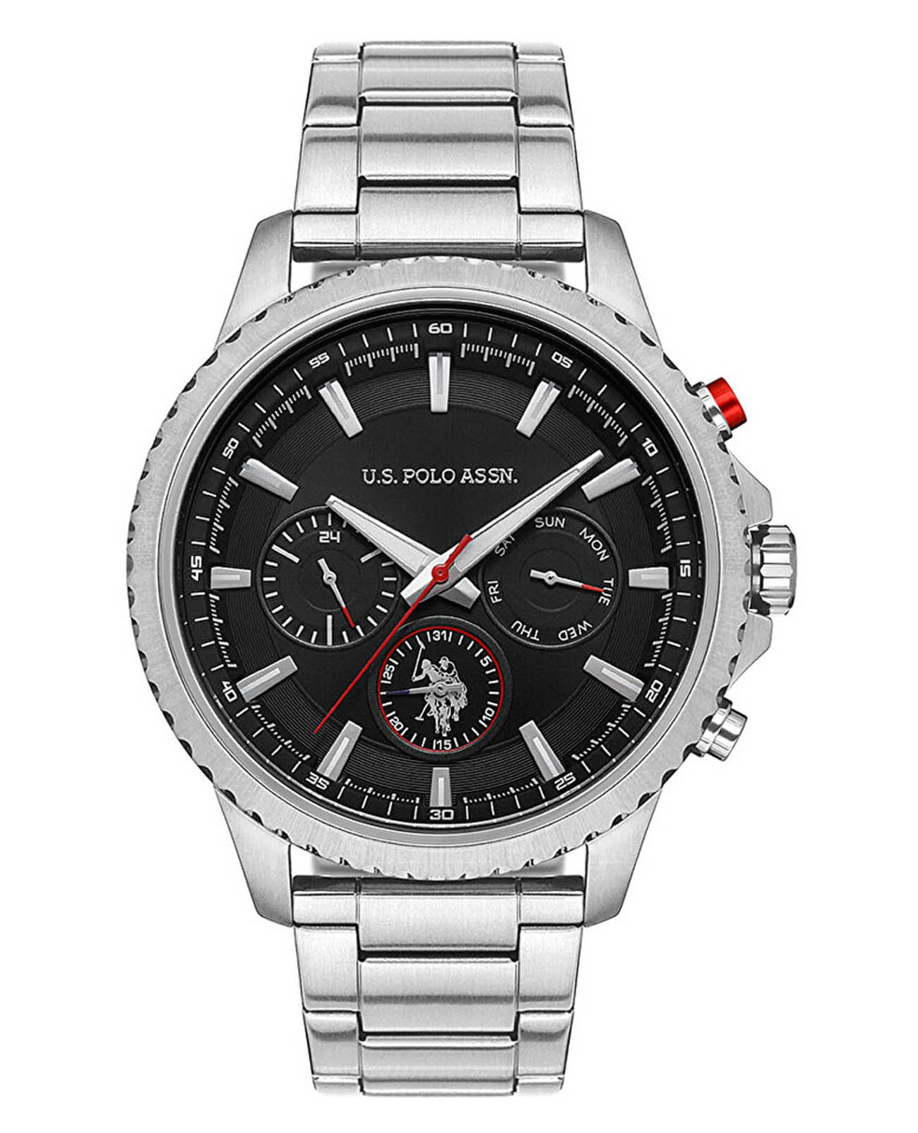 U.S. Polo Assn. U.S. Polo Assn. Crossing USPA1034-01  USPA1034-01 кварцевые мужские часы черный циферблат, браслет нержавеющая сталь — вид спереди