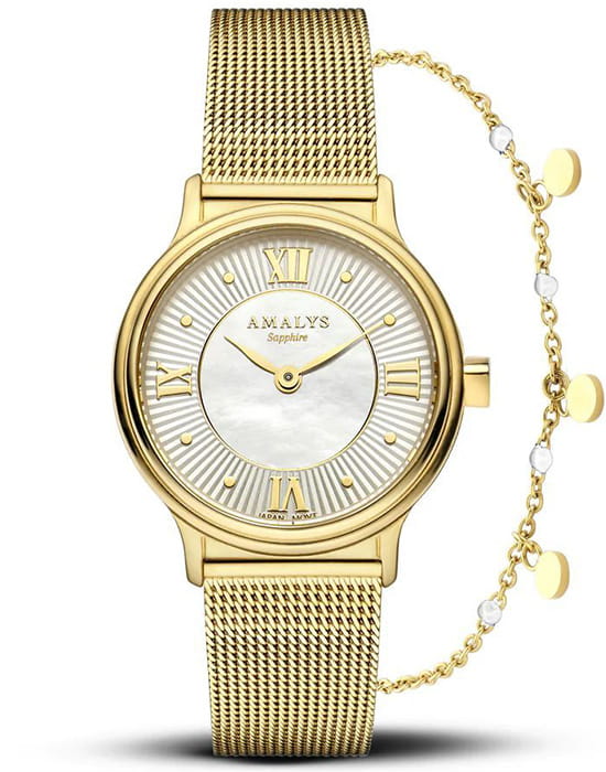 Amalys Amalys Giftboxes AMW-196  AMW-196 кварцевые женские часы белый циферблат, браслет нержавеющая сталь с pvd-покрытием — вид спереди