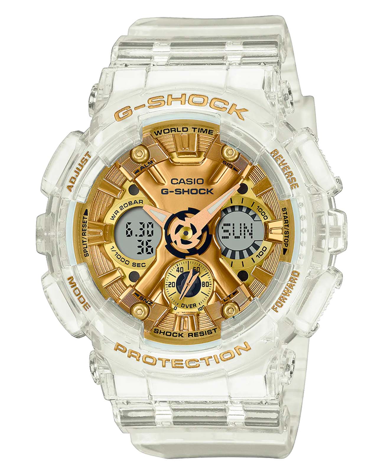 Casio Casio G-Shock GMA-S120SG-7ADR (GMA-S120SG-7AER)  GMA-S120SG-7AER электронные женские часы золотой циферблат, браслет пластик — вид спереди