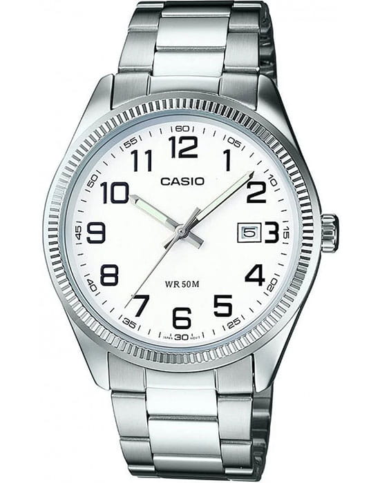 Casio Casio MTP-1302PD-7B  MTP-1302PD-7B кварцевые мужские часы белый циферблат, браслет нержавеющая сталь — вид спереди
