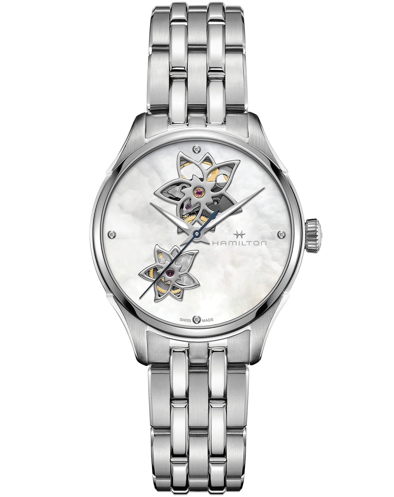 Hamilton Hamilton Jazzmaster Open Heart Auto H32115192  H32115192 механические женские часы перламутровый циферблат, браслет нержавеющая сталь — вид спереди