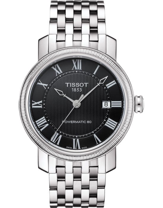 Tissot Tissot Bridgeport Powermatic 80 T097.407.11.053.00 Bridgeport T0974071105300 механические мужские часы черный циферблат, браслет нержавеющая сталь — вид спереди