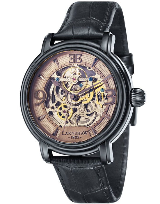 Earnshaw Earnshaw ES-8011-08  ES-8011-08 механические мужские часы бежевый циферблат, браслет кожаный — вид спереди