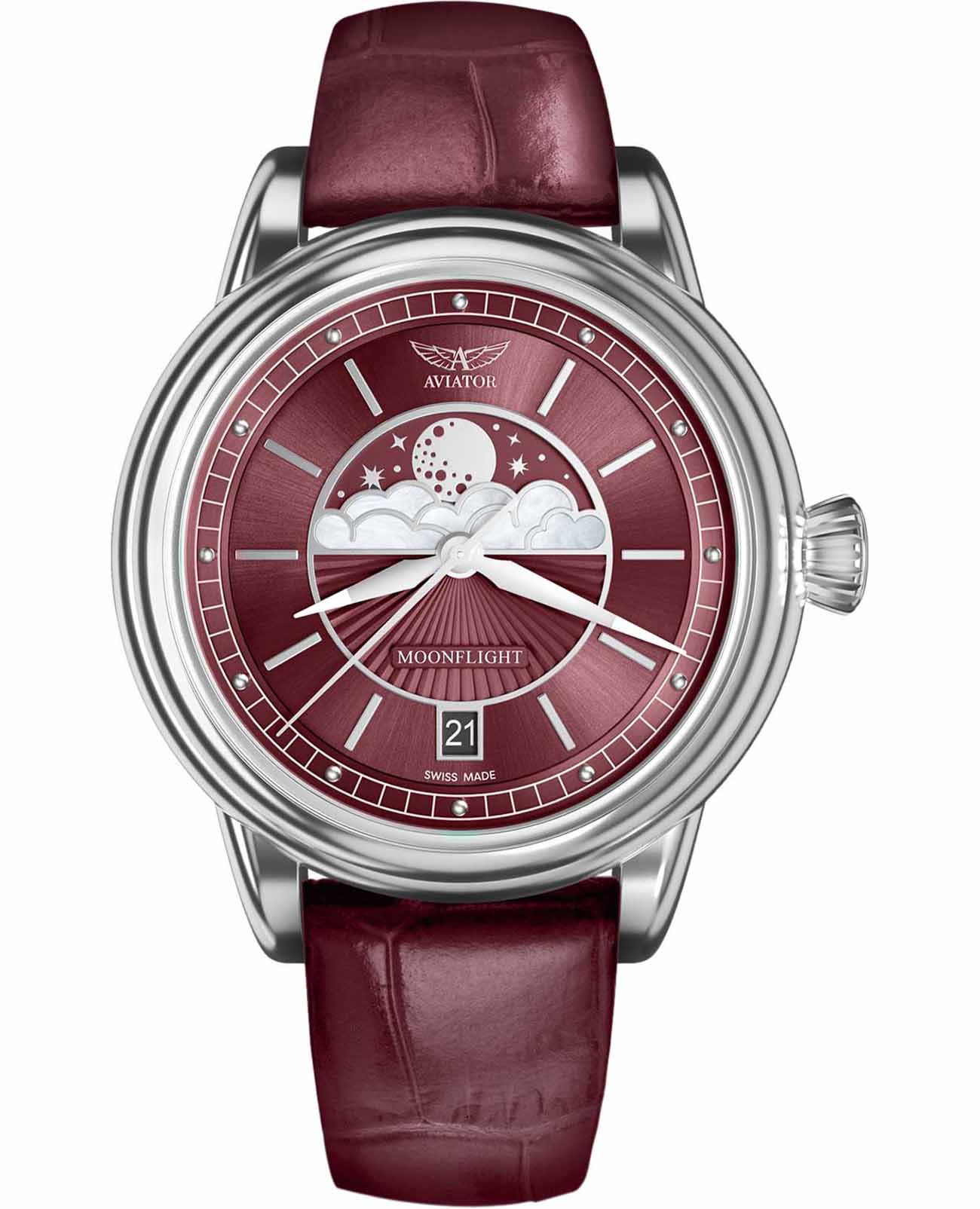 Aviator Aviator Douglas MoonFlight V.1.33.0.264.4  V.1.33.0.264.4 кварцевые женские часы красный циферблат, браслет кожаный — вид спереди
