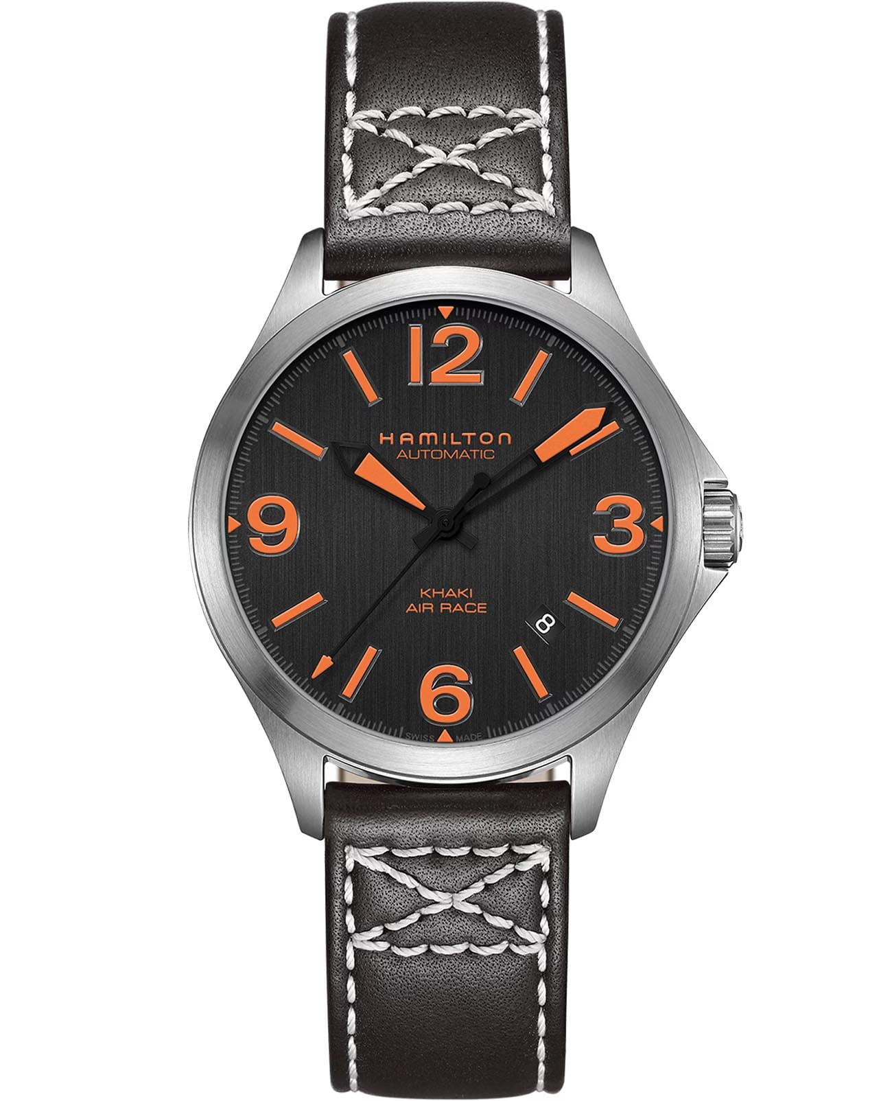 Hamilton Hamilton Khaki Aviation Air Race Auto H76235731  H76235731 механические мужские часы черный циферблат, браслет кожаный — вид спереди