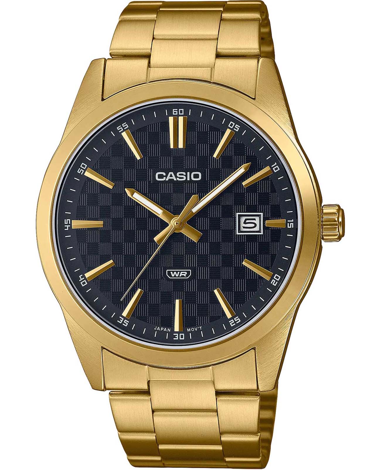 Casio Casio Collection MTP-VD03G-1AUDF (MTP-VD03G-1A)  MTP-VD03G-1A кварцевые мужские часы черный циферблат, браслет сталь с ip покрытием — вид спереди