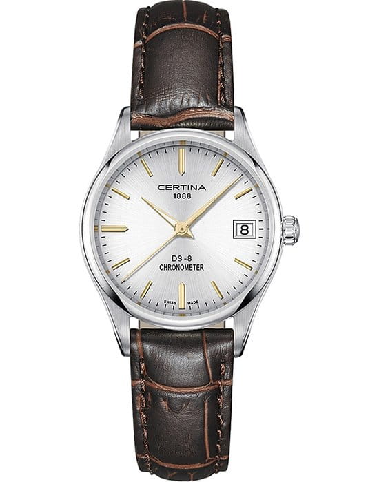 Certina Certina DS-8 Lady 30mm C033.251.16.031.01 DS 8 C0332511603101 кварцевые женские часы серебристый циферблат, браслет кожаный — вид спереди