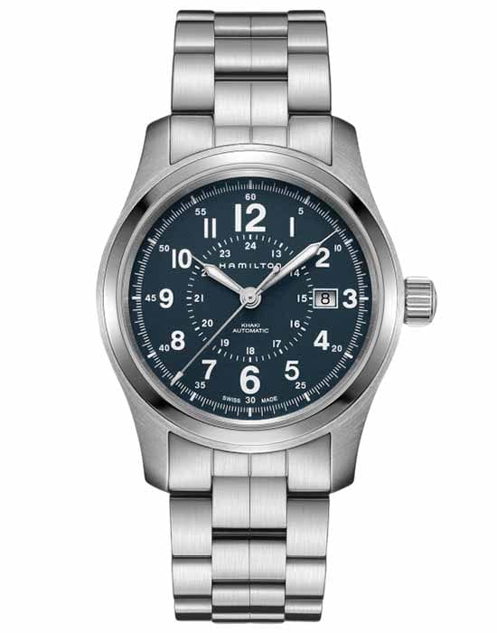 Hamilton Hamilton Khaki Field Auto H70605143  H70605143 механические мужские часы синий циферблат, браслет нержавеющая сталь — вид спереди