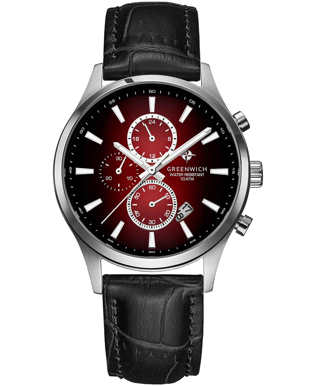 Greenwich Greenwich Navigator GW 053.11.35  GW 053.11.35 кварцевые мужские часы красный циферблат, браслет кожаный — вид спереди