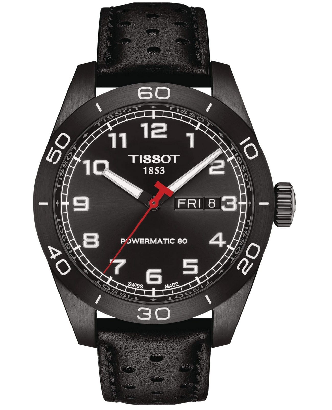 Tissot Tissot PRS 516 Powermatic 80 T131.430.36.052.00 PRS 516 T1314303605200 механические мужские часы черный циферблат, браслет кожаный — вид спереди